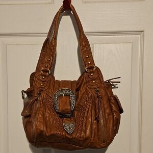 Montana West Women’s Tan Leather Shoulder Bag with Decorative Buckle